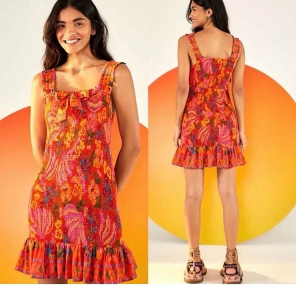 FARM Rio Orange Pink Floral Ruffle Mini Dress